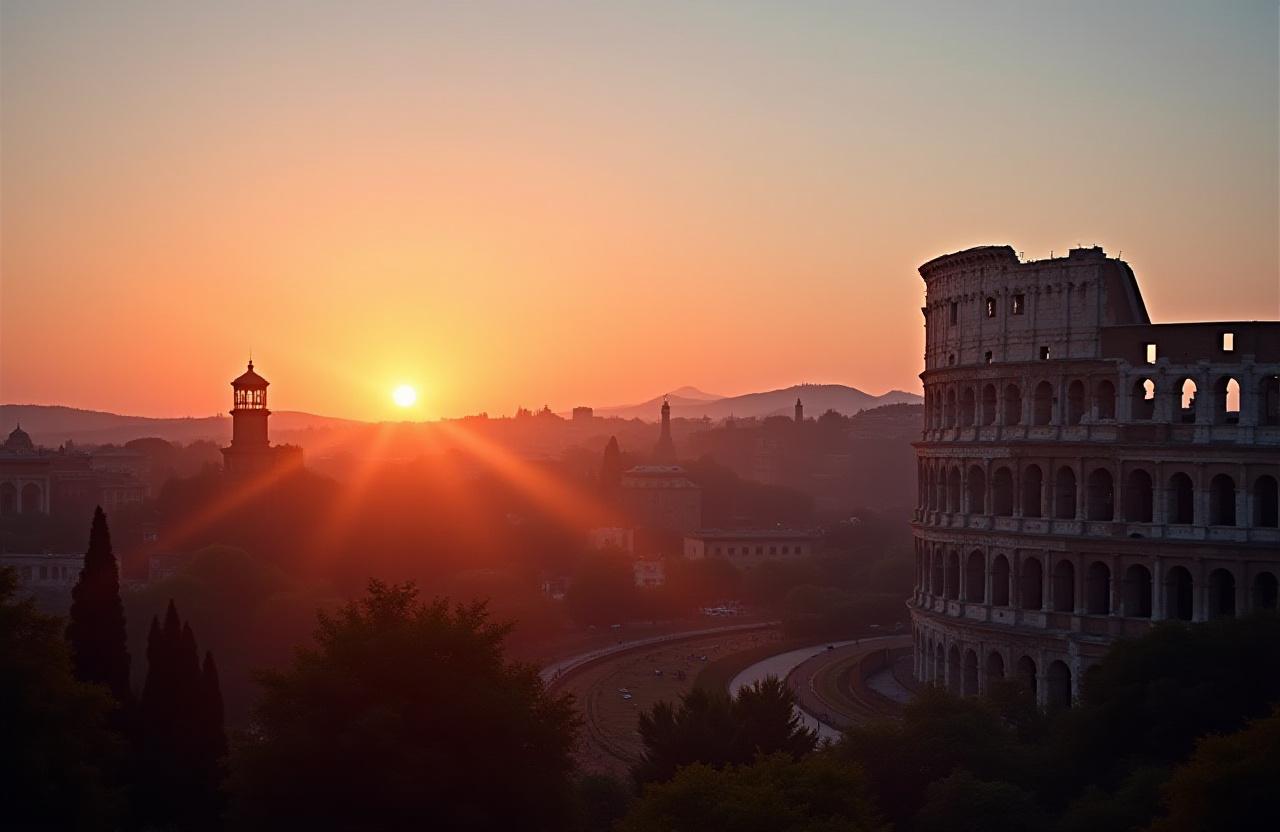 Colosseo all'alba con luce dorata
